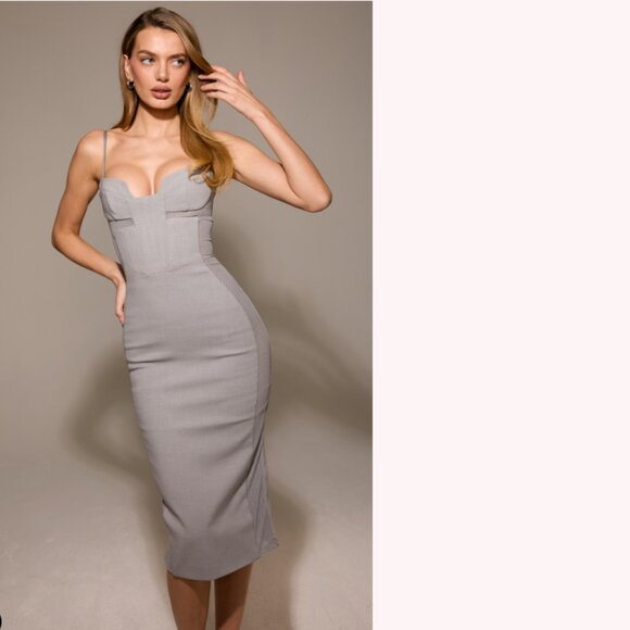HOUSE OF CB 'Kiki' Light Grey Mesh Panelled Bodycon Midi Dress NWOT - Picture 3 of 3